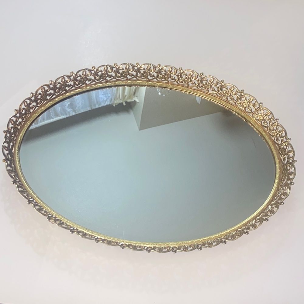 Antique Oval Filigree Vanity Mirror Tray Decor